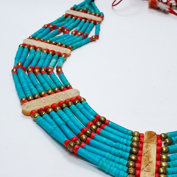 Tribal Blue Turquoise & Red Coral  Necklace Ethnic Bohemian Clay 8 Stran… - Picture 12 of 12